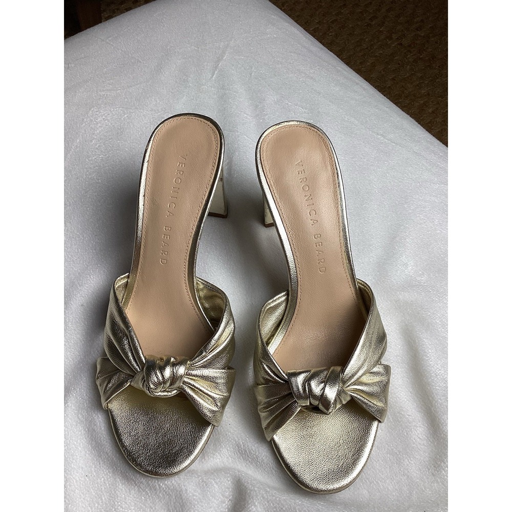 Veronica Beard Ganita Ecru Knot Metallic Gold Mules Slip On Heels Size 6